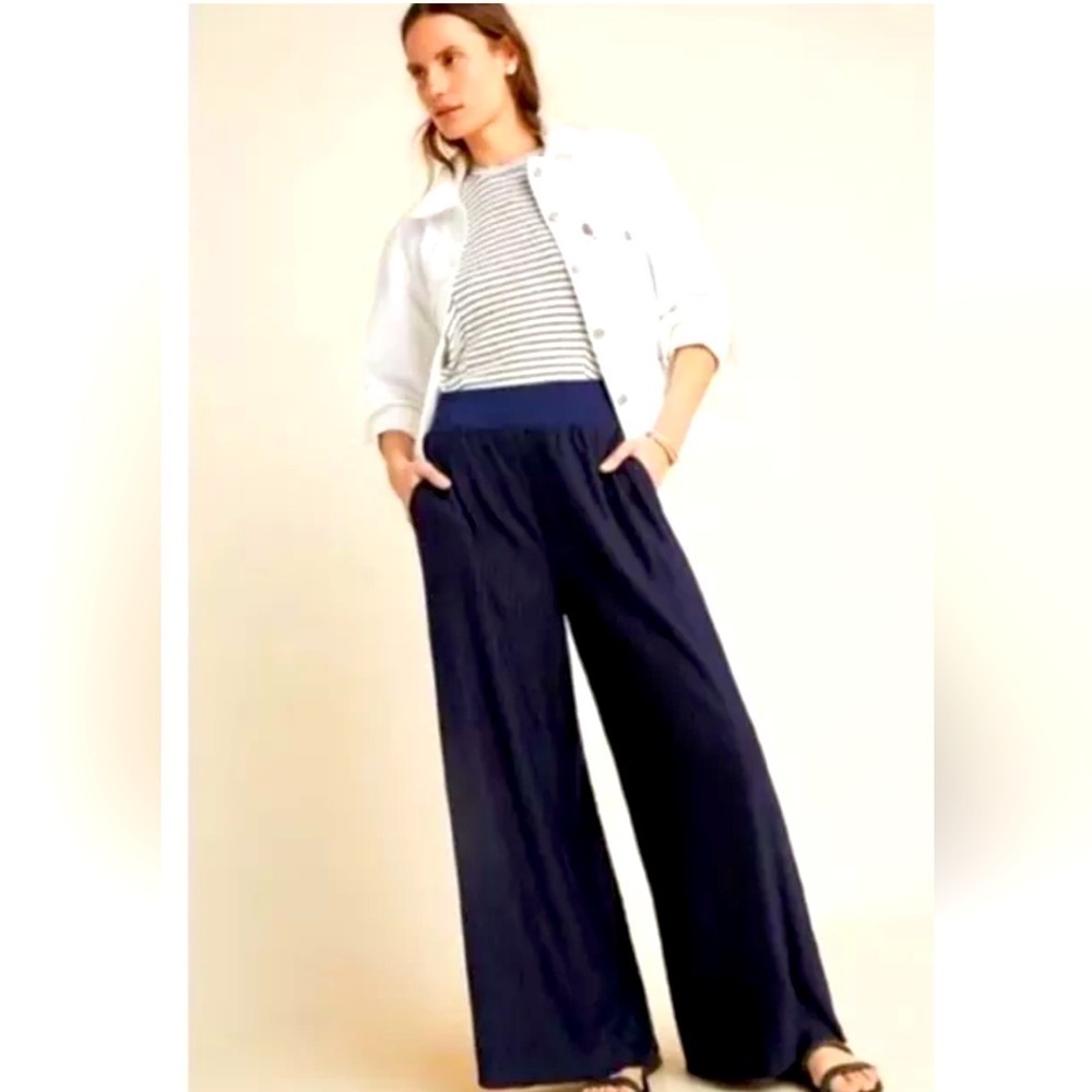 Anthropologie Delano Knit Wide Leg Pants Pull-On Blue Wavy Women’s Size XS